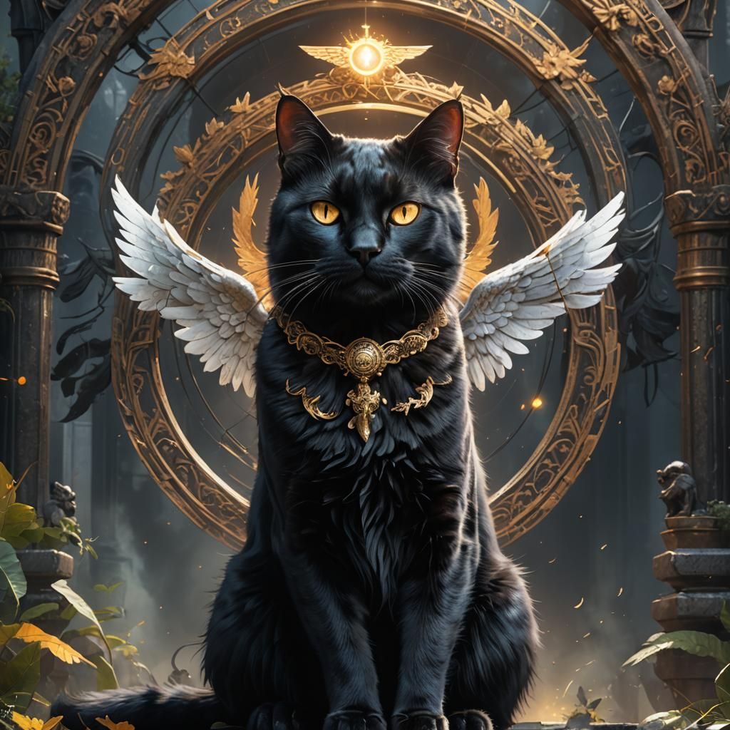 Black Cat with Angel Halo, Detailed Matte Painting