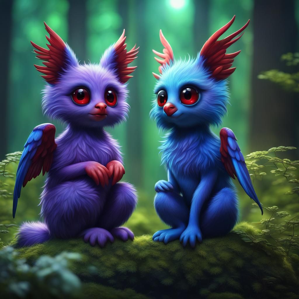 Whimsical Furry Creature Couple in Enchanted Forest