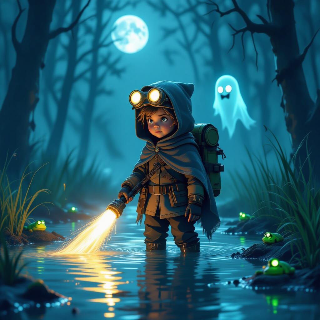 Child Ghost Hunter in Misty Swamp, Eerie Lighting