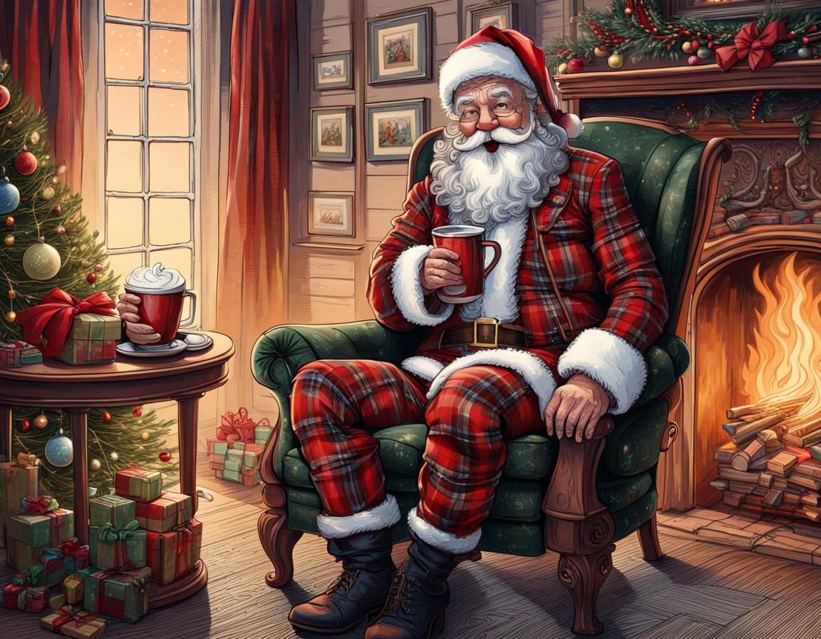 Santa Claus in Plaid Suit by Fireplace