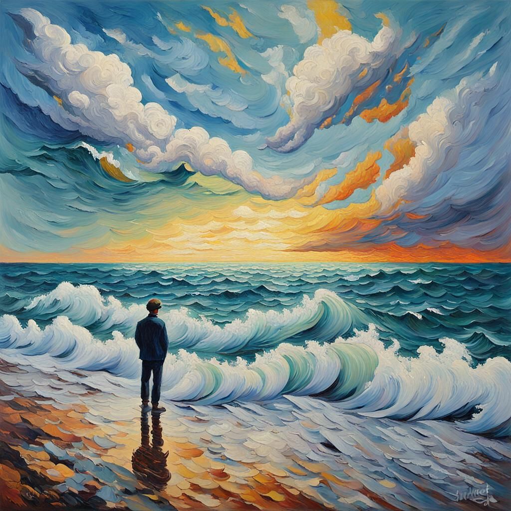 Vibrant Expressionist Figure by the Crystal Ocean