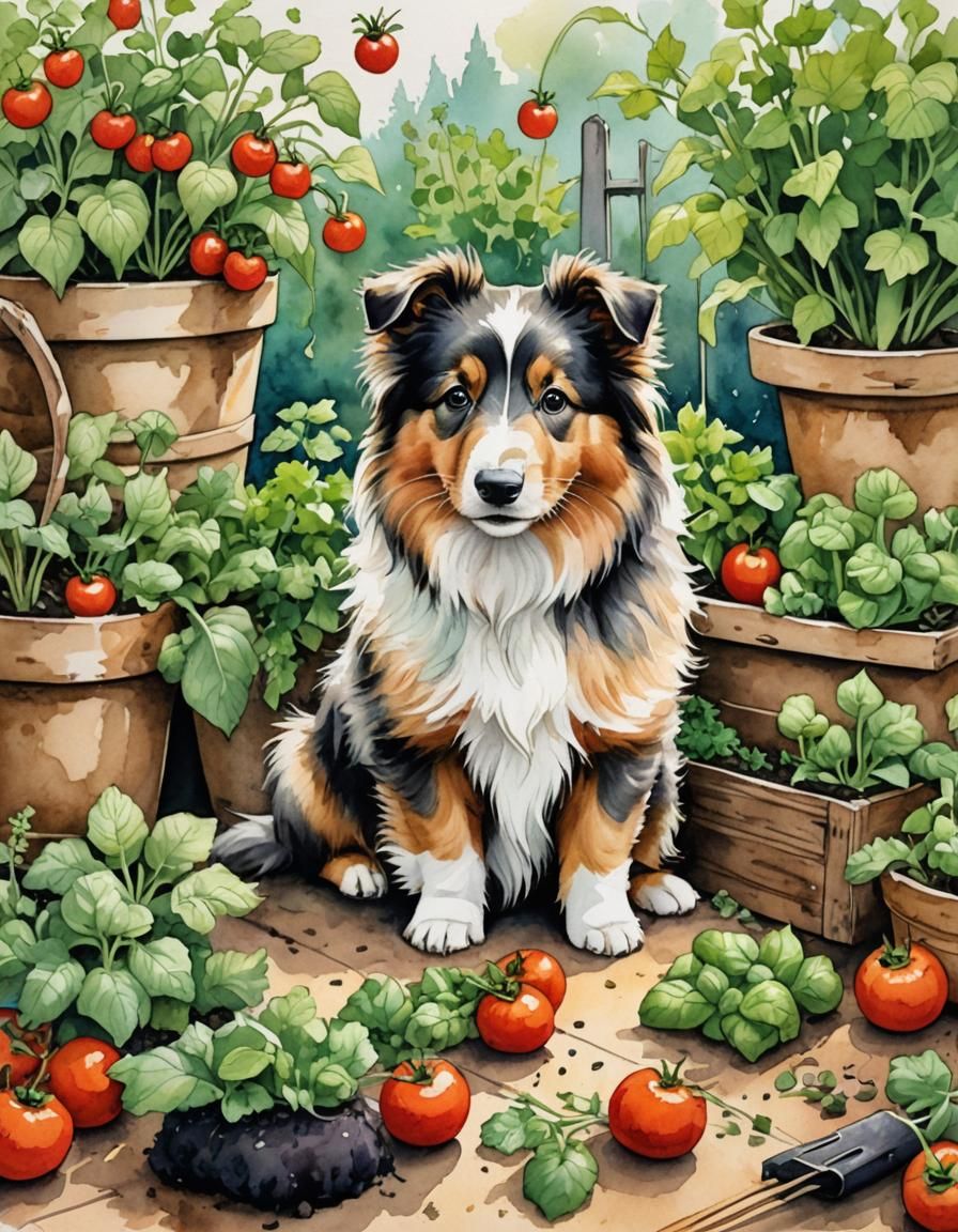 Whimsical Sheltie Puppy in Vegetable Garden Painting