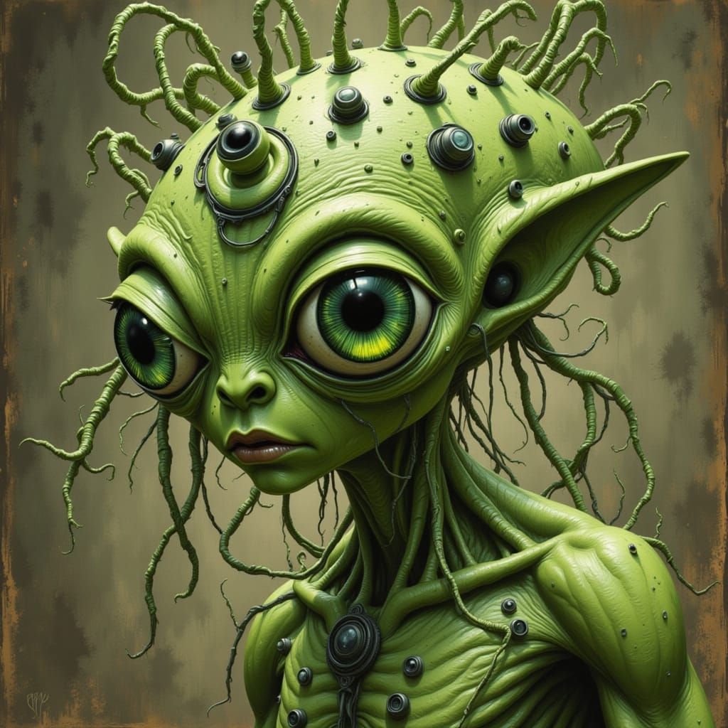 Surreal Green Alien with Recursive Eyes