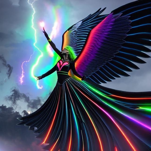 Agonized Dark Angel with Rainbow Neon Wings