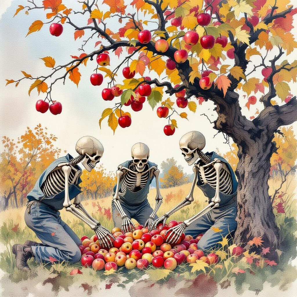 Skeletal Figures Harvest Rotten Apples in Autumn Watercolor