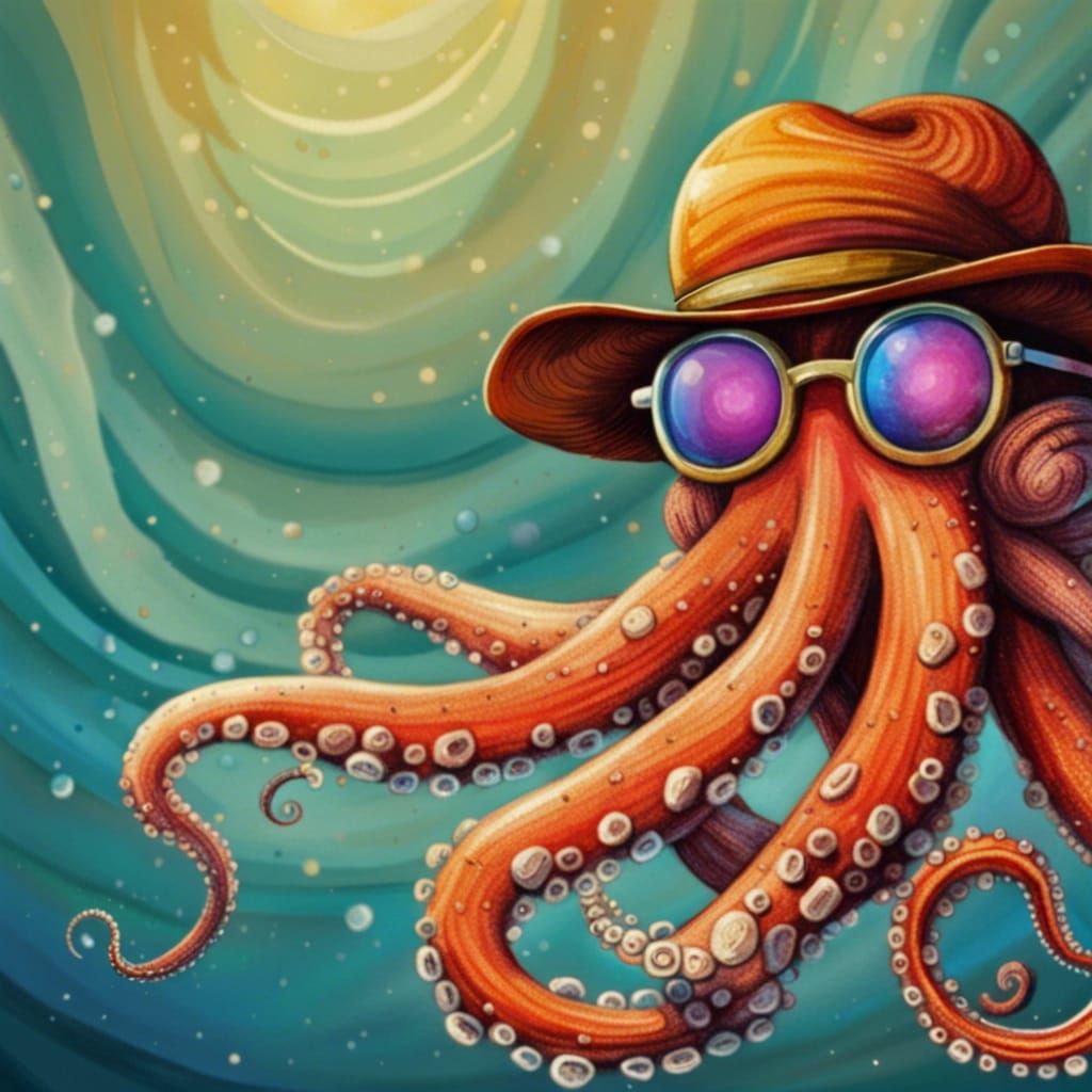 Hipster Octopus with Latte in Underwater Scene