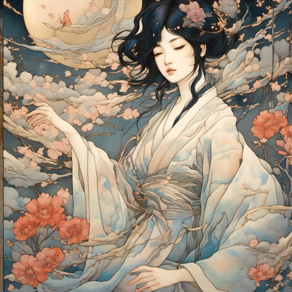 Moonlit Kimonos in Ethereal Night Garden