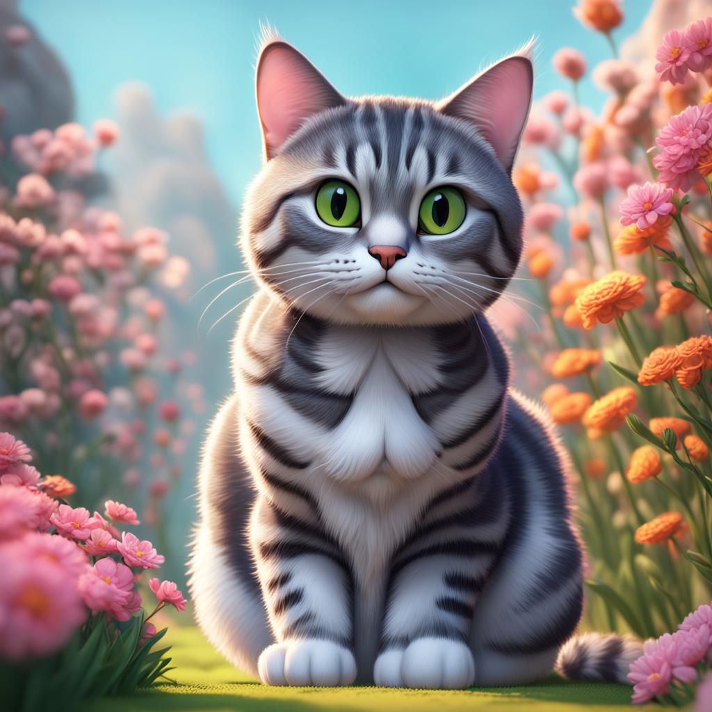 Cute Gray Tabby Cat in Flowers: 3D Digital Art