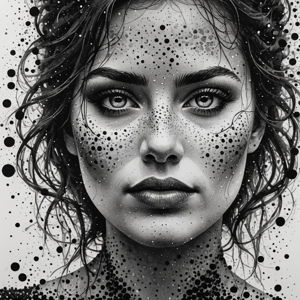 Mysterious Woman: Minimalist Pointillism Portrait in Ink