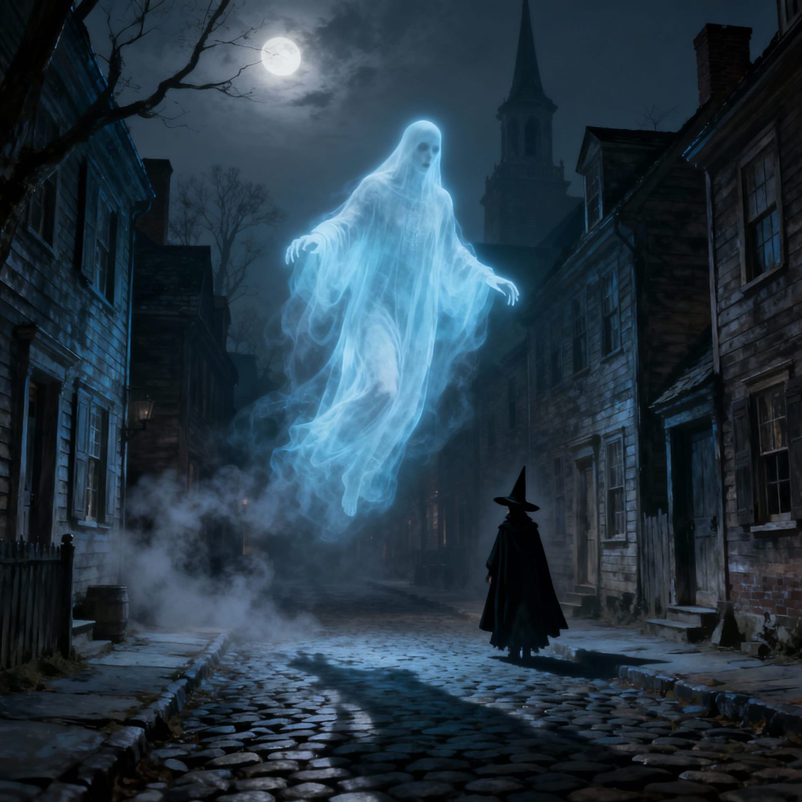 Ghost Over Spooky 1800s Salem With Witch Background