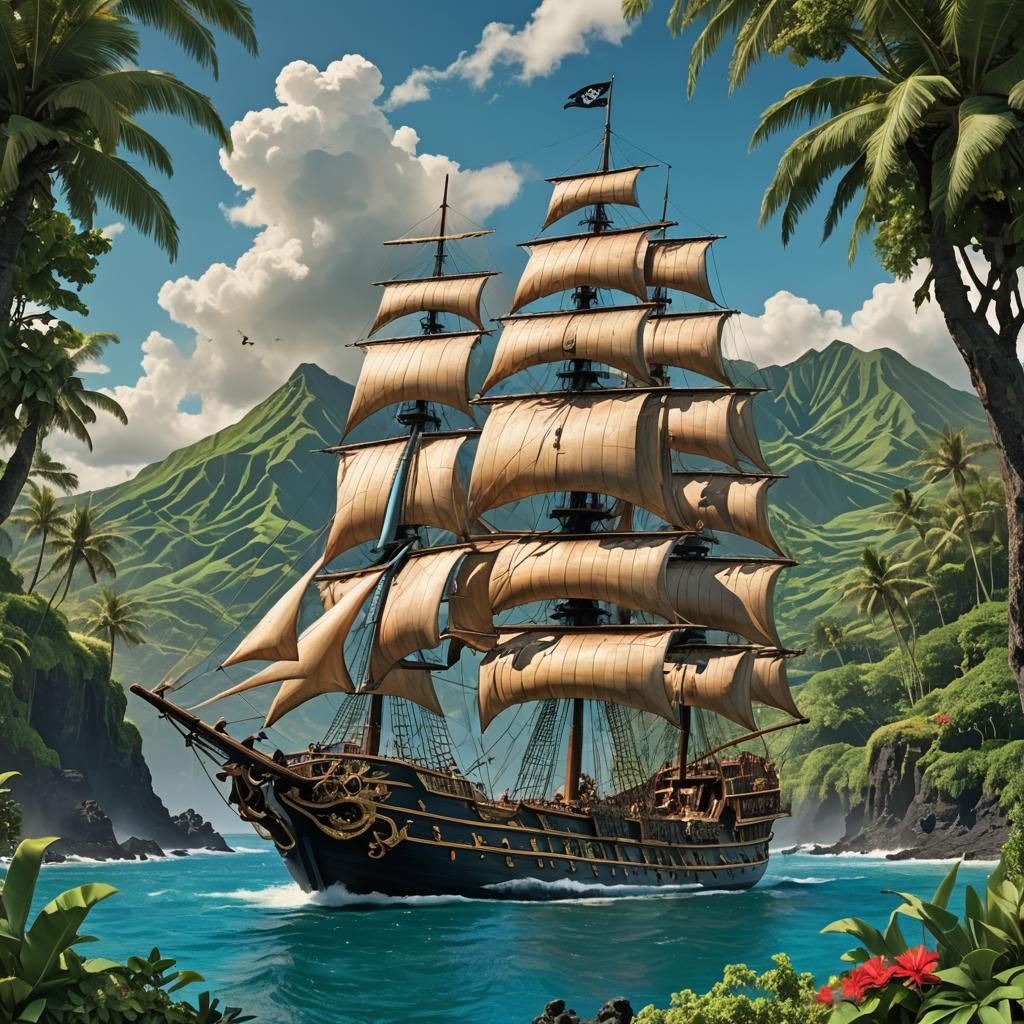 Pirate Ship Approaches Maui in 19th-Century Style