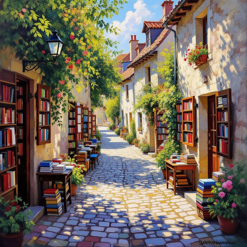 Impressionist Alleyway Scene Filled With Books