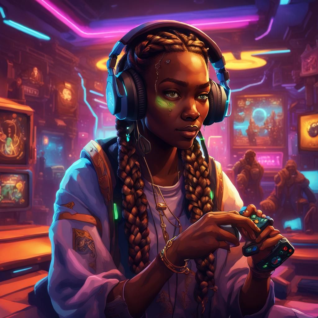 3D Woman Gamer in Neon Gaming Room