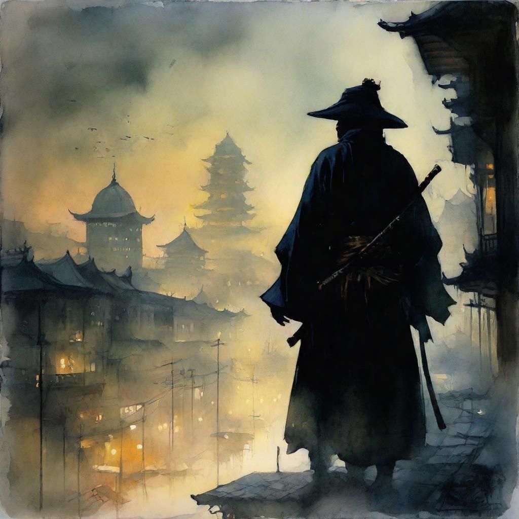 Noir Samurai Silhouette in Smokey City