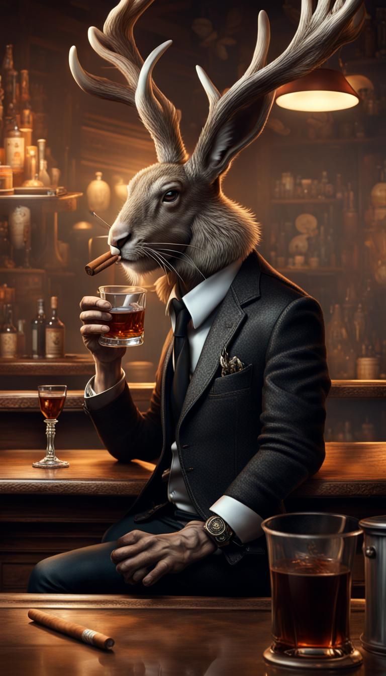 Anthropomorphic Jackalope Drinking Jack Daniels: Digital Mat...