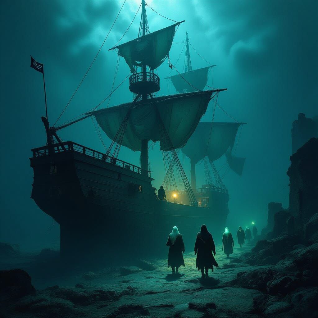 Haunted Shipwreck with Ghost Pirates in Gothic Horror Style