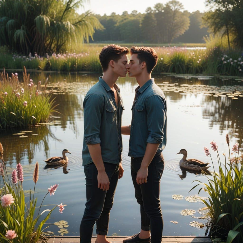 Handsome Young Lovers Embrace by a Serene Lake