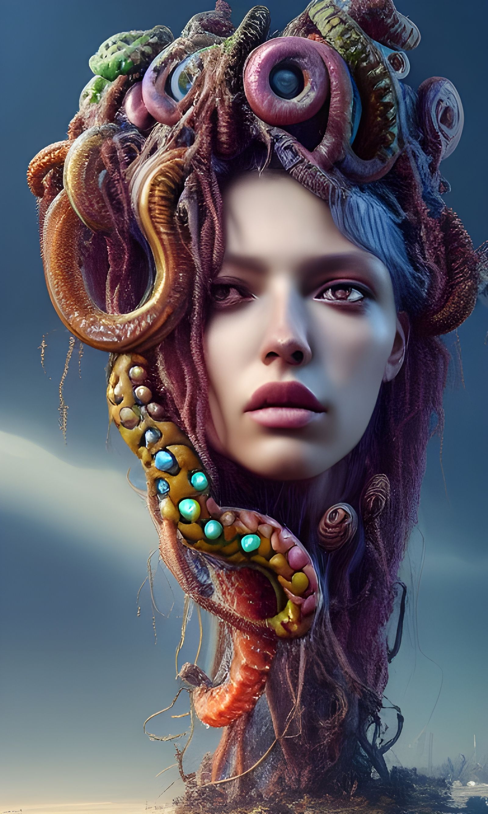 Gummy Worm Medusa: Hyperrealistic Maximalist Illustration