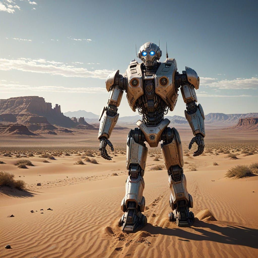 Robot Exploring Desert Landscape - Sci-Fi Digital Painting