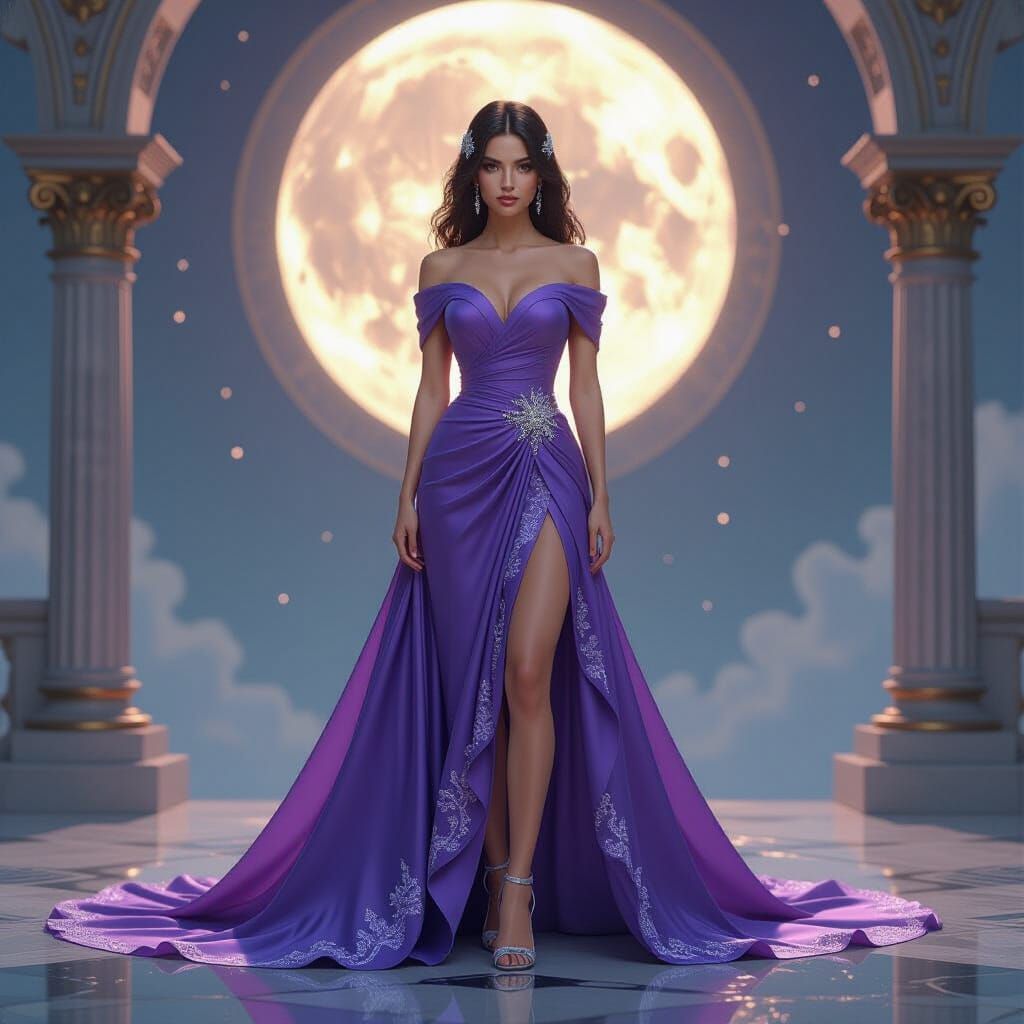 Violet Trumpet Gown with Silver Moon Lace in Watercolor Styl...