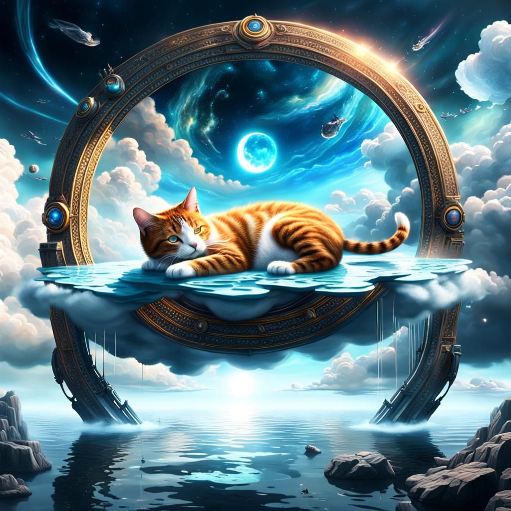 Cat Napping on Water Cloud: Digital Matte Painting