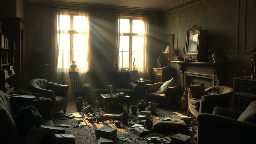 Eerie Abandoned Living Room in Chiaroscuro Style