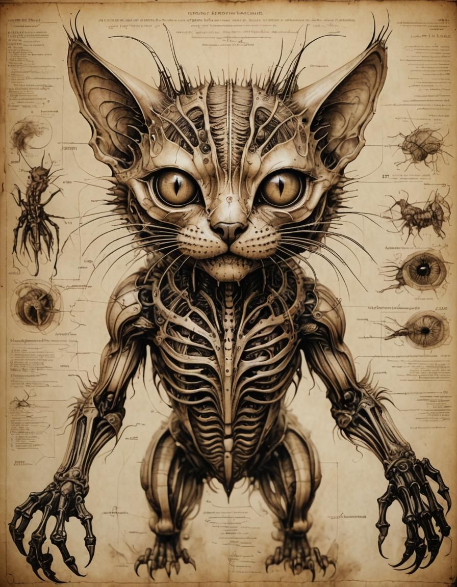 Mutant Cat Anatomy Diagram in Bio-Horror Style