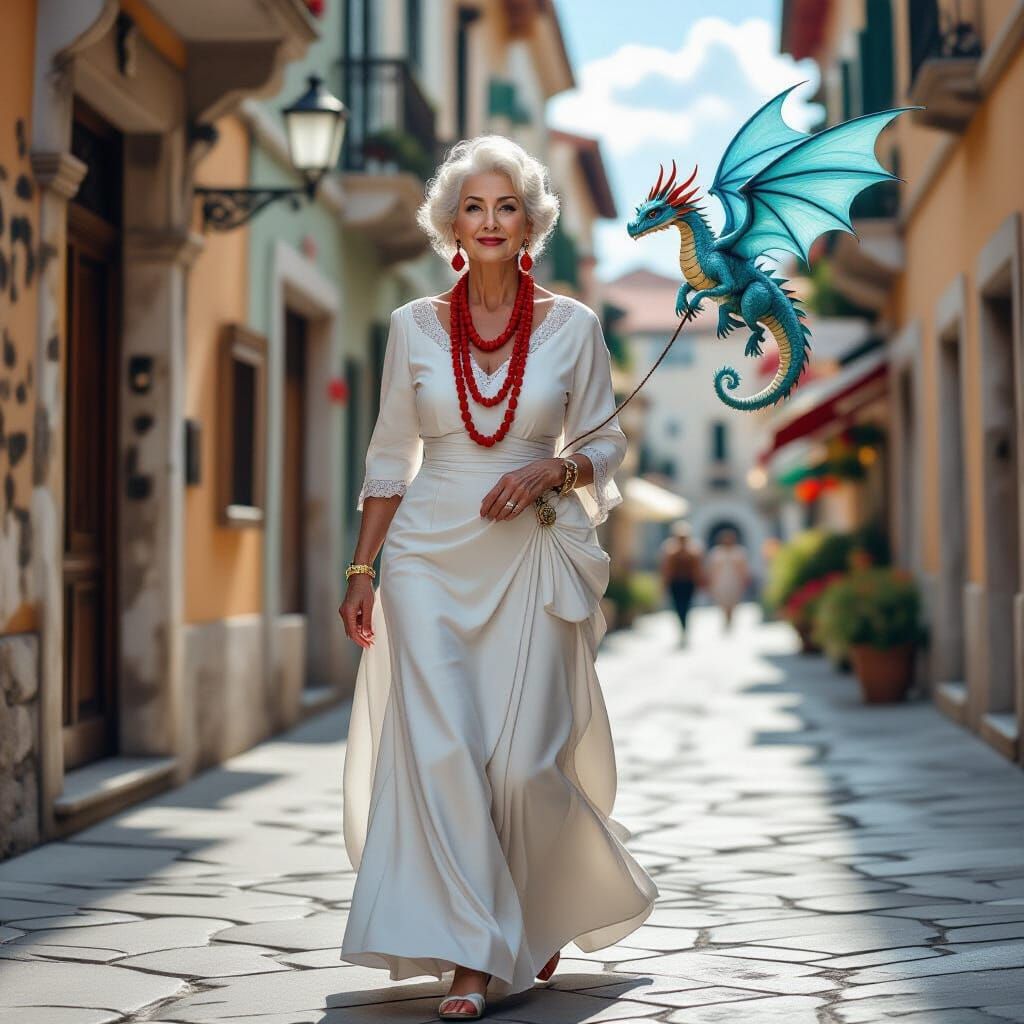 Elegant Woman Walking Dragon: Hyperrealistic Surreal Magic