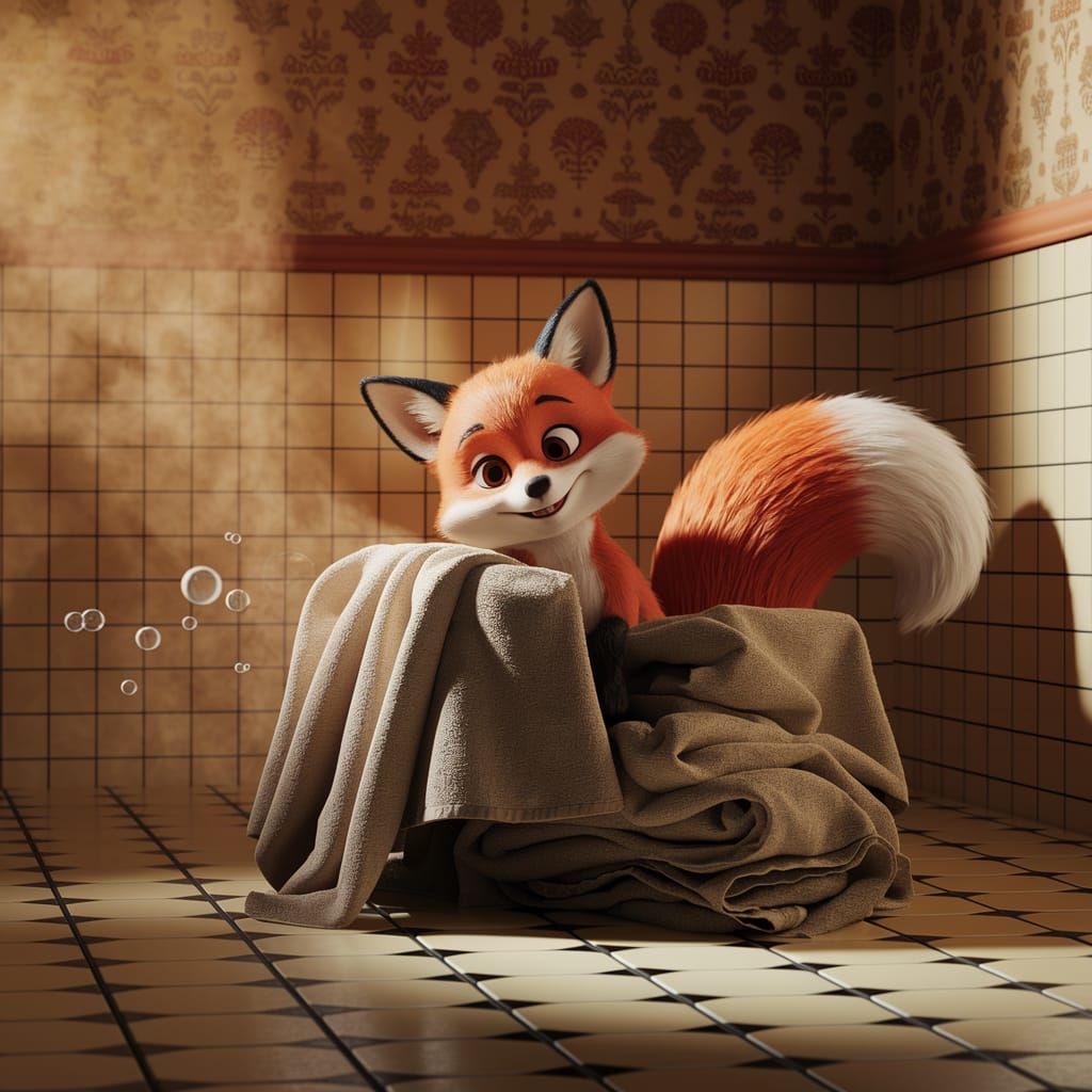 Charming Fox in Bathroom Laundry, 1990s Disney Style