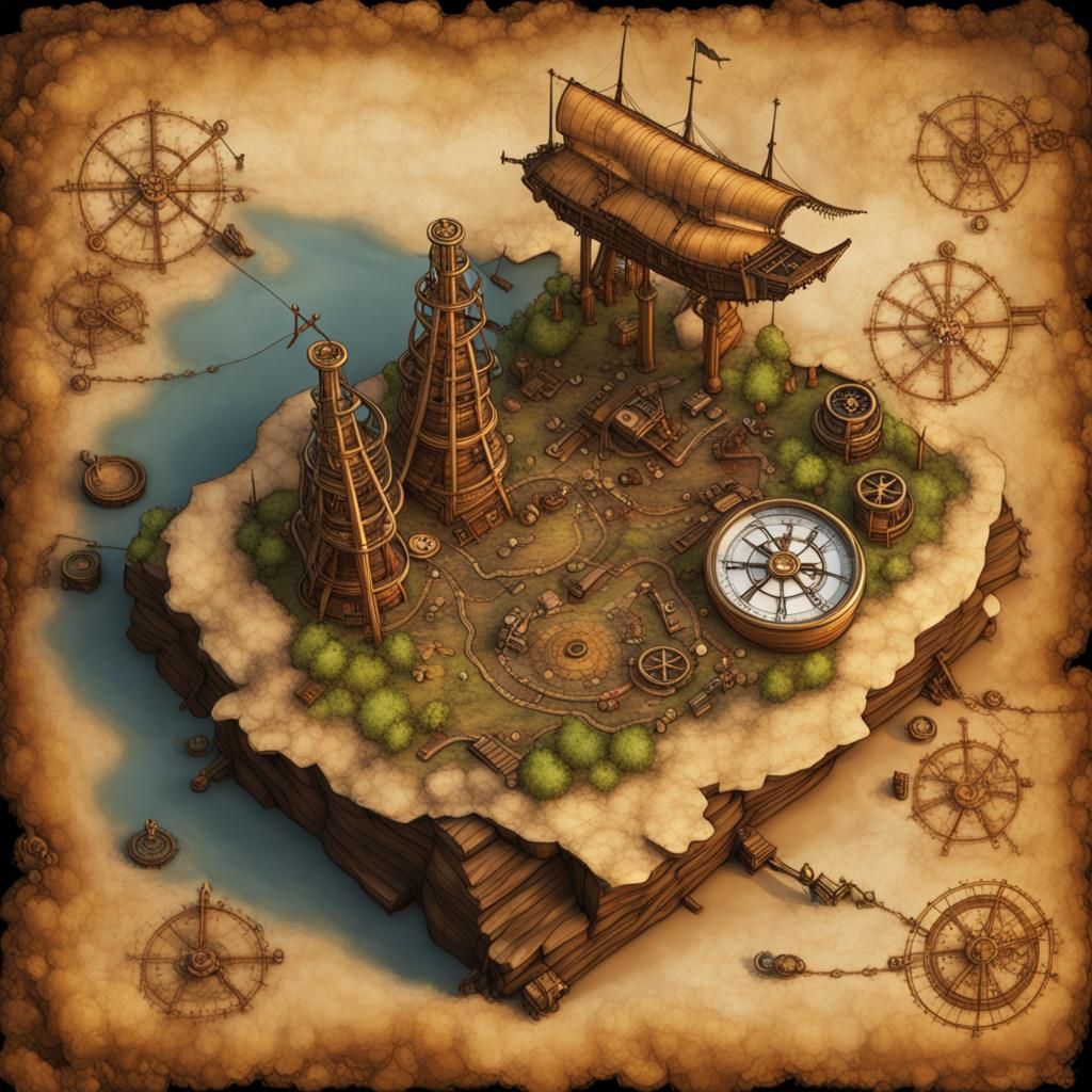 Steampunk Treasure Island 3D Rendered Map