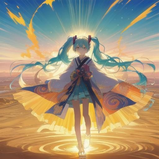 Hatsune Miku Mirage in Desert Landscape, Anime Art