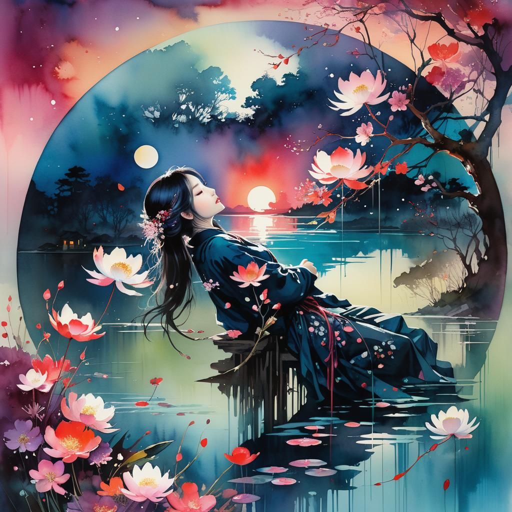 Dreamy Lake Glade at Night in Watercolor Style