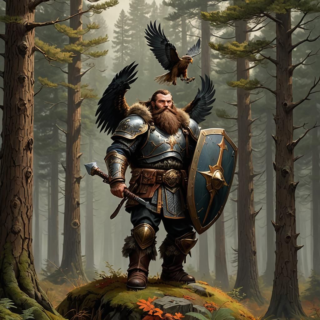 Dwarf Warrior with Hawk in Autumn Forest