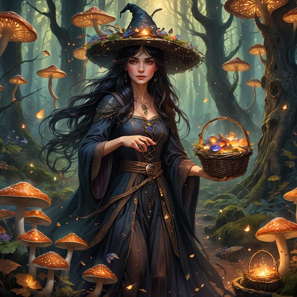 Enchanting Witch in Mystical Forest with Fairies