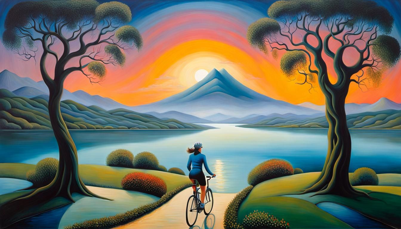 Cyclist at Twilight: Surrealist Impasto Oil Painting