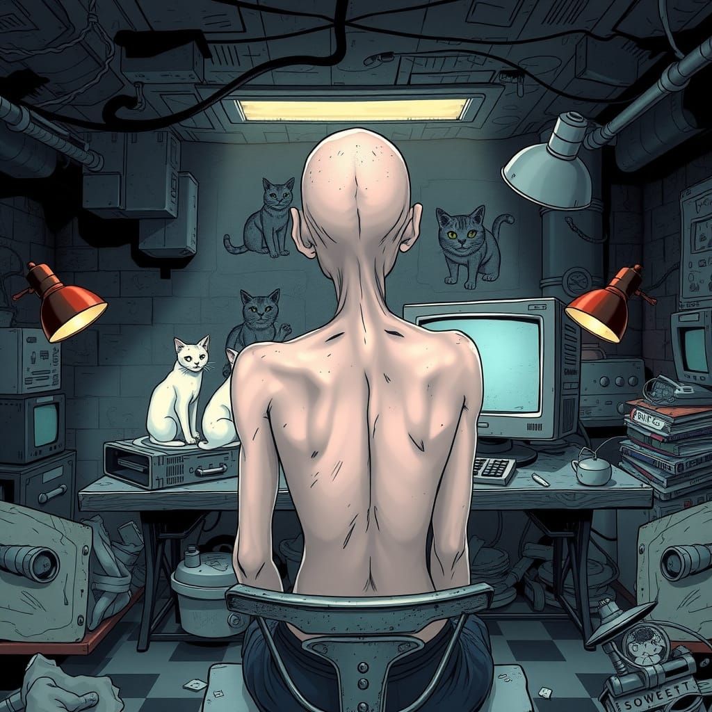 Bunker Cat Lady at Computer in Pale Neon Light