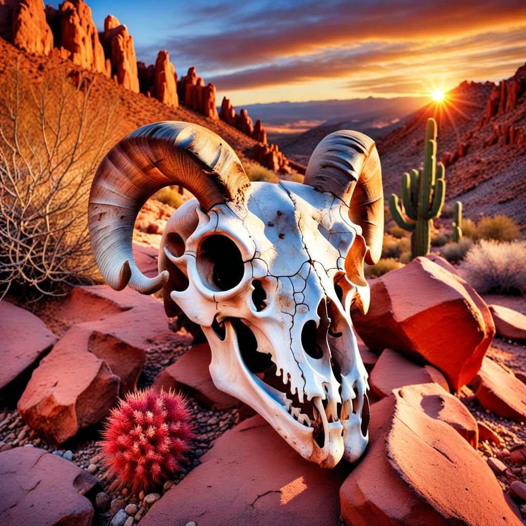 Bighorn Skull in Red Desert Canyon at Sunset