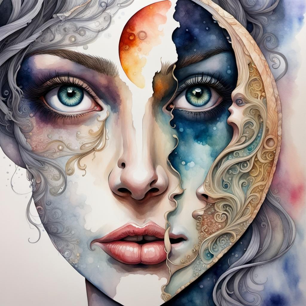 Surreal Moon Woman Hybrid in Watercolor Style