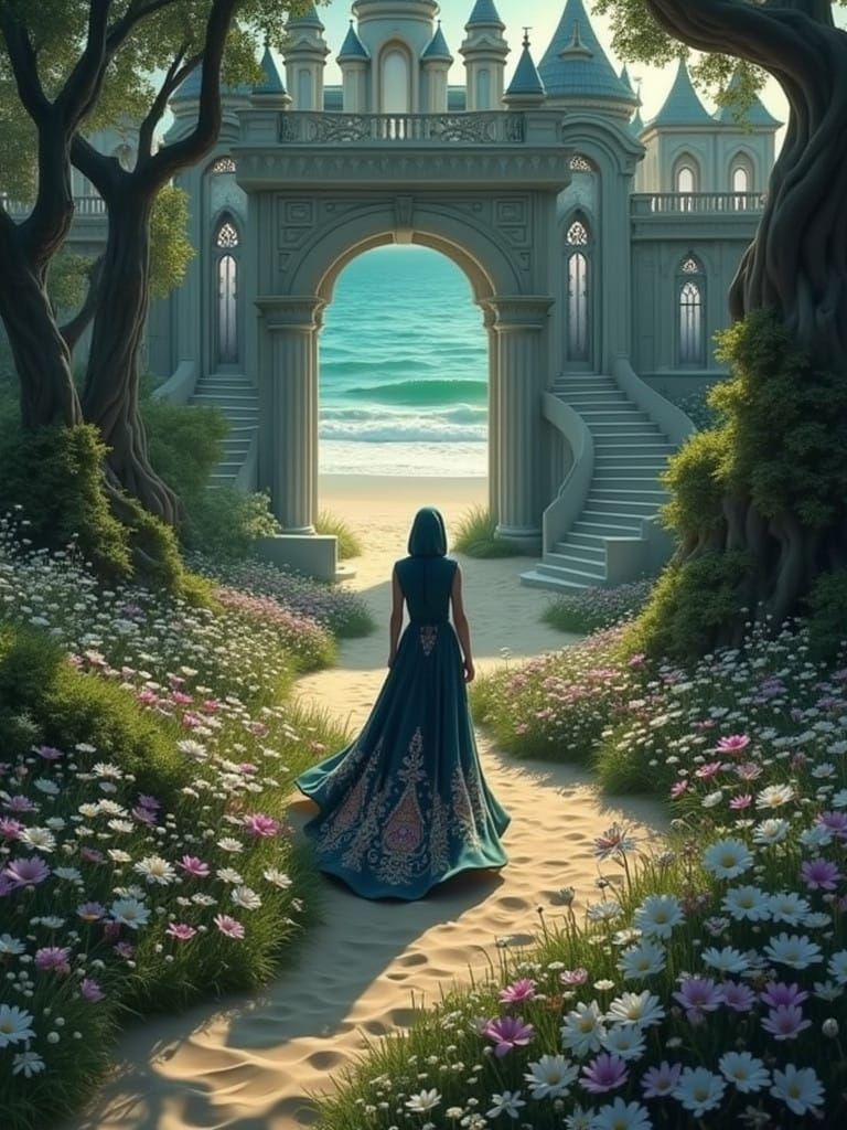 Ethereal Figure Walks Towards Luminous Mansion Amidst Vibran...