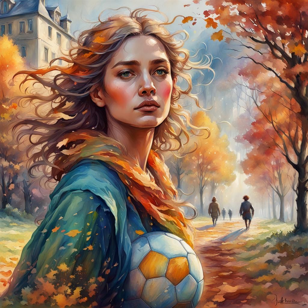 Fairytale Football in Stylized Watercolour Autumn Landscape