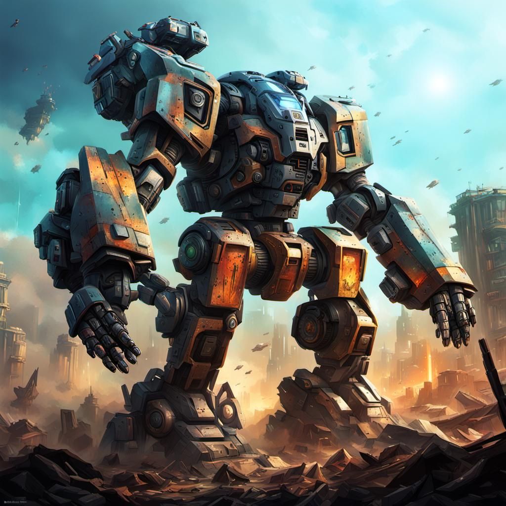 Post-Apocalyptic Mecha Robot in Splash Art Style