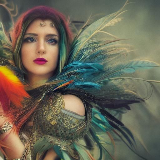 Fantasy Portrait of Woman with Feathers in Soft Focus
