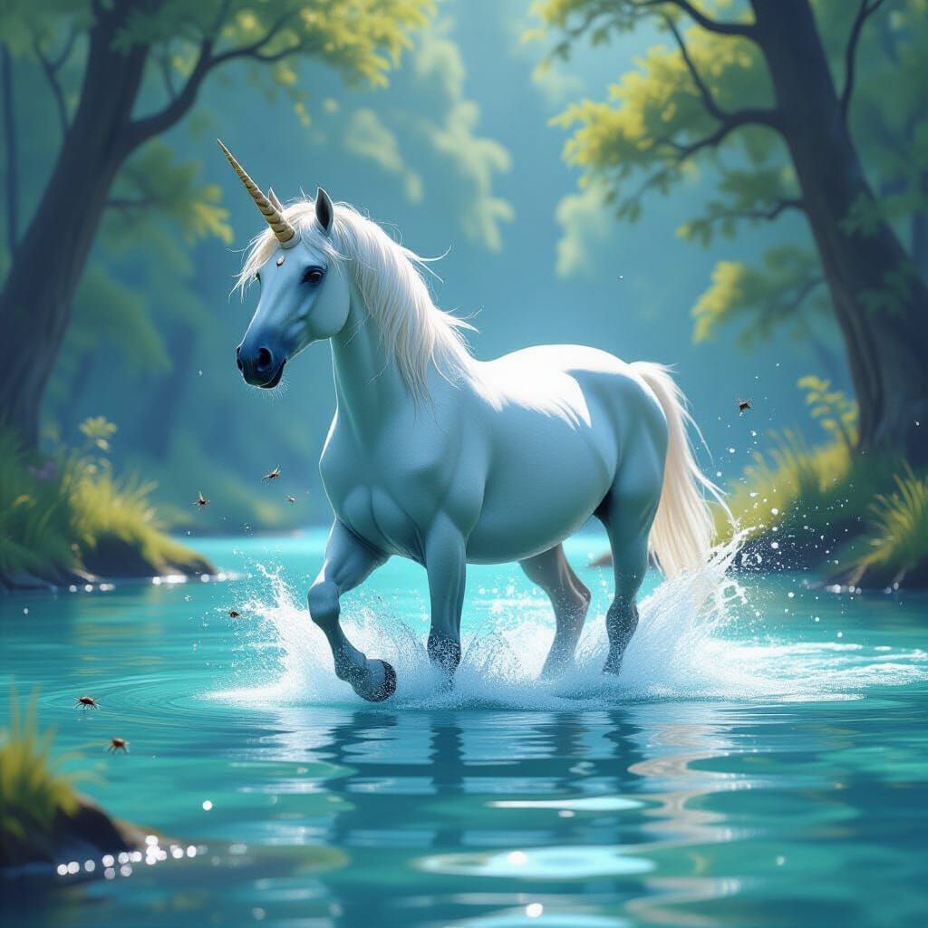 Majestic Unicorn in Crystal Lake, Hyperrealistic Style