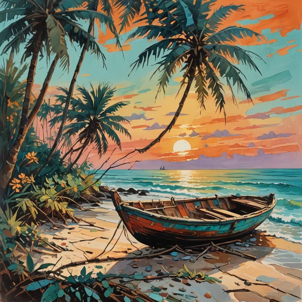 Tropical Sunset Beach Scene in Impressionist Style