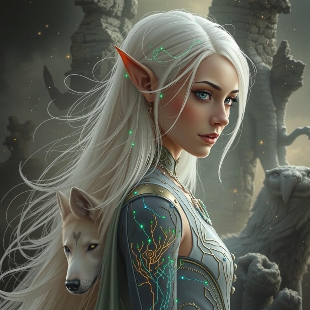 Ethereal Elven Sorceress in Fantasy Landscape