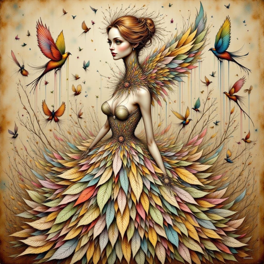<lora:The treasure chest:1.0> <lora:Whimsical Nouveau D3:1.0> Songs of Feather and Aether, woman with back turned, dress...