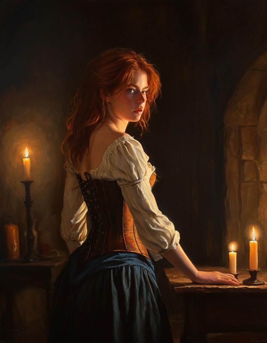 Chiaroscuro Portrait of Woman in Medieval Manor