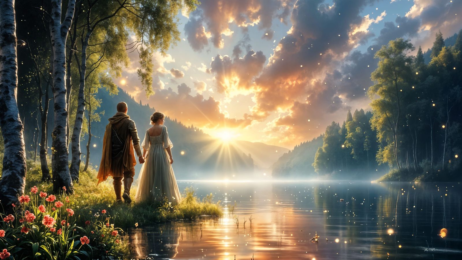 Fantasy Elf Ranger and Princess in Mystical Valley