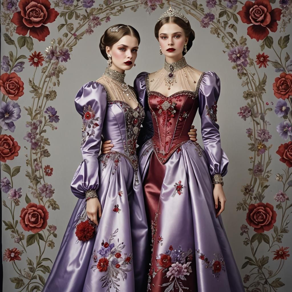Two Women in Embroidered Dresses Hugging