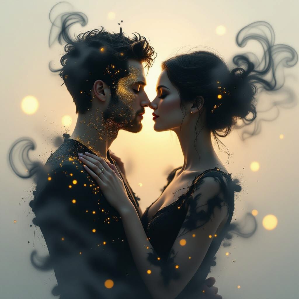 Luminous Dust Figures Embrace: Ethereal Abstract Art